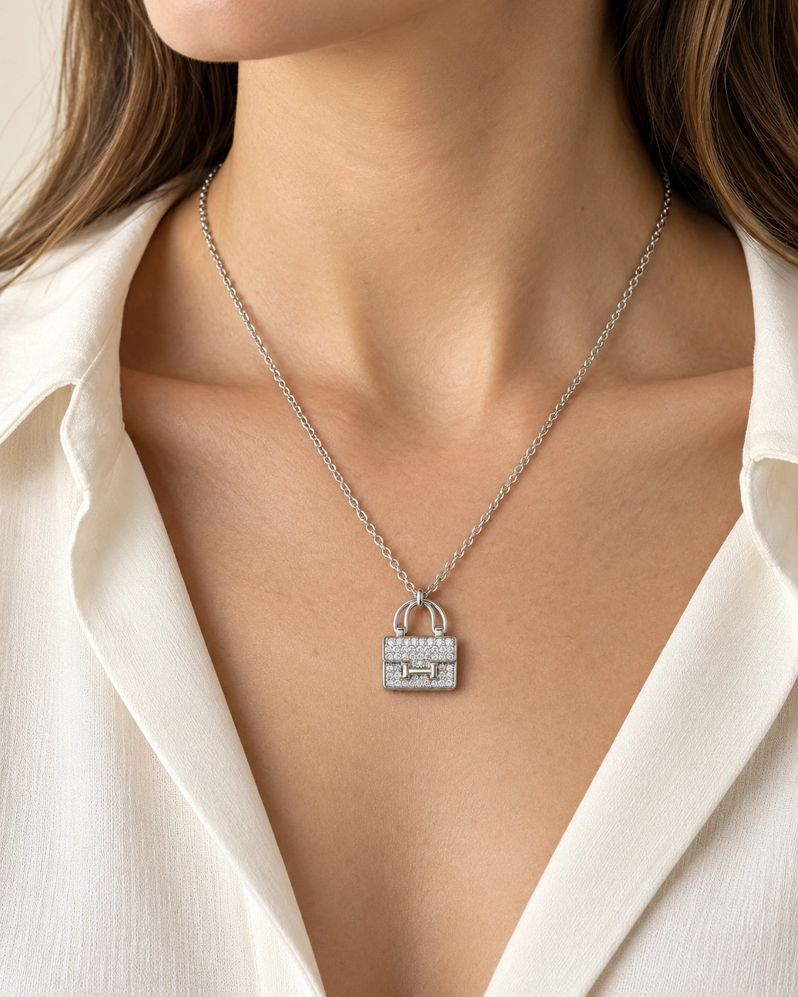 Crystal Mini Handbag Necklace – Purse Pendant – model wearing view