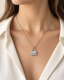 Crystal Mini Handbag Necklace – Purse Pendant – model wearing view