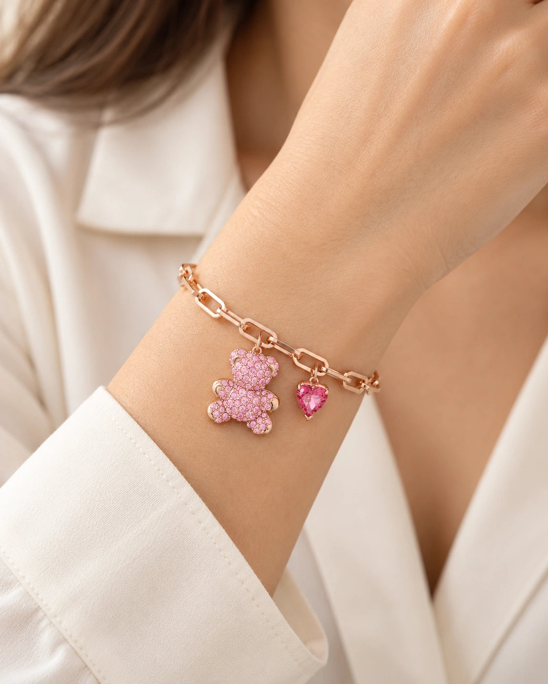 Crystal Teddy Bear & Heart Charm Bracelet – model wearing view