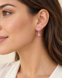 Crystal Teddy Bear Heart Stud Earrings – model wearing view