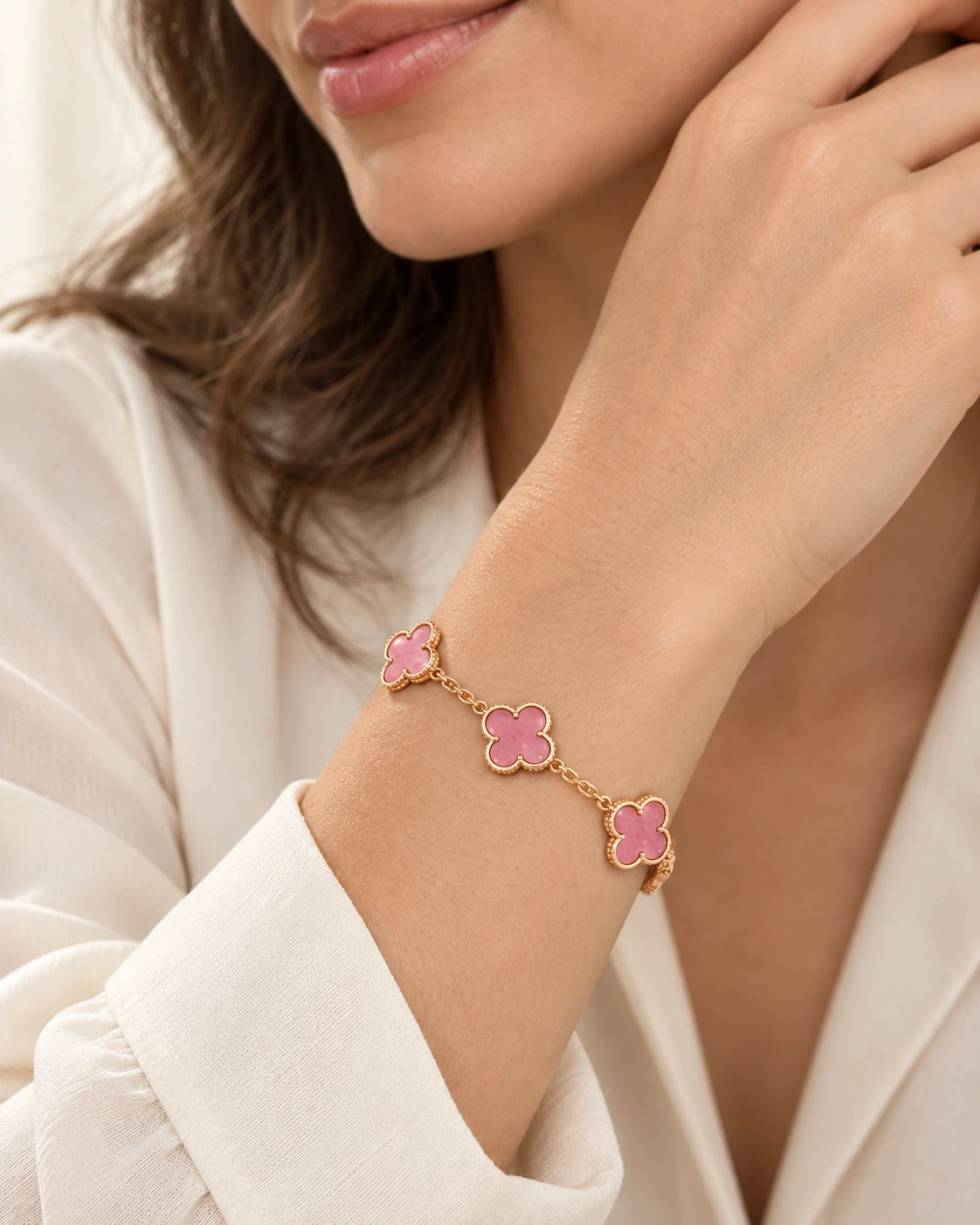 Eternal Clover Pro Bracelet | 18K Gold Plated Luck & Elegance (Rose Gold Chain) – model wearing view