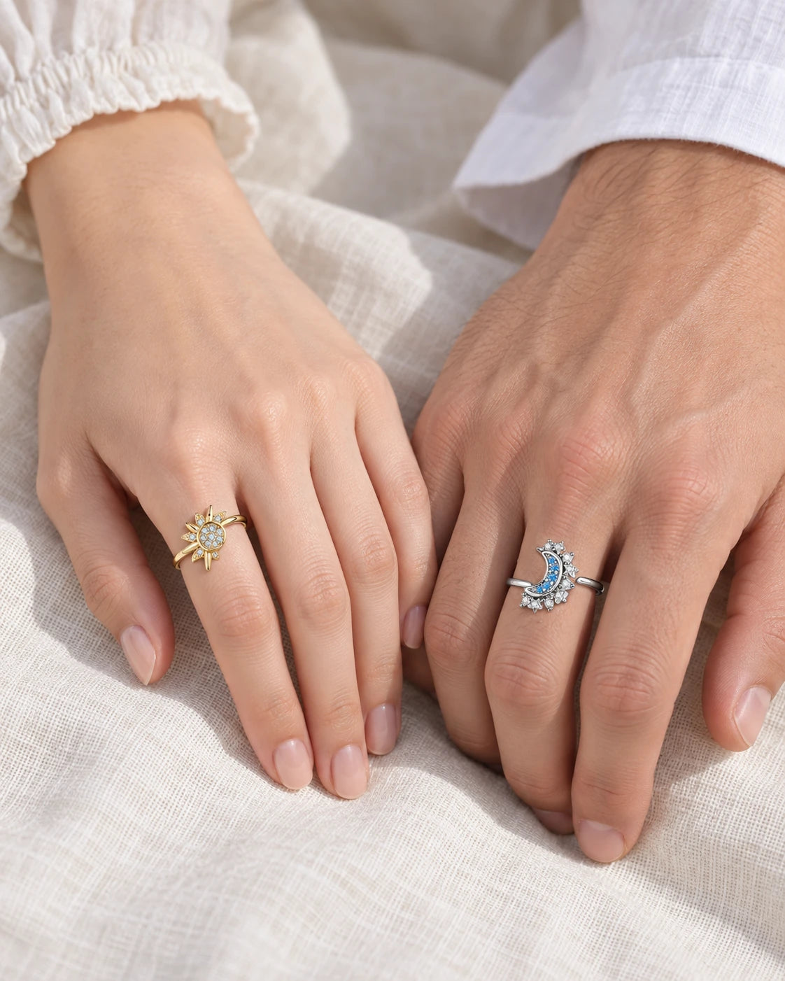 Adjustable Sun & Moon Couple Ring Set worn on an adult model