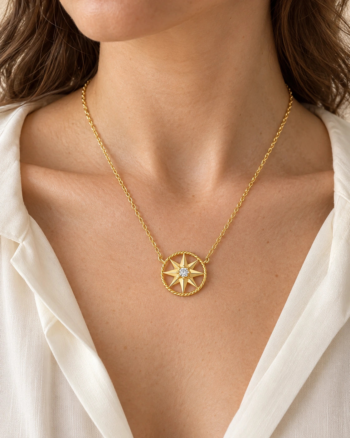 Eight-Point Compass Star Necklace – Single & Multi-Charm Styles – model wearing view