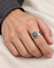 Vintage Fleur-de-Lis Shield Ring - Adjustable Antique Gold & Silver Tone worn on an adult model