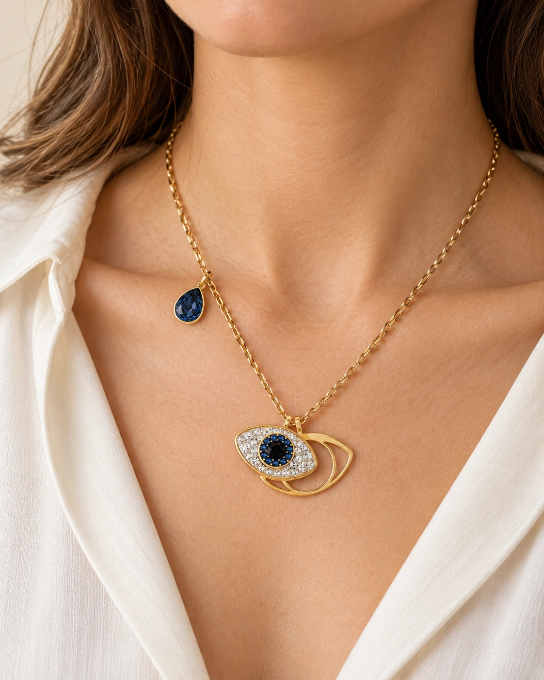 Blue Evil Eye Orbit Pendant Necklace – Gold Tone – model wearing view