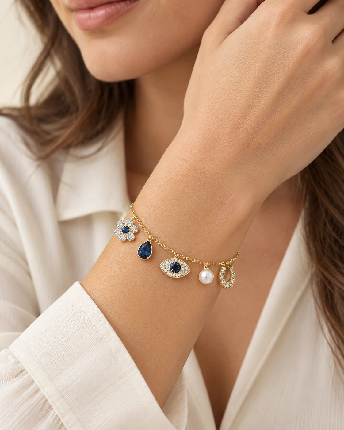 Evil Eye, Horseshoe & Pearl-Look Charm Bracelet – model wearing view