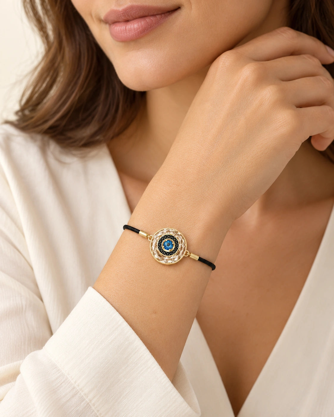 Black Cord Crystal Evil Eye Slider Bracelet – Gold Tone – model wearing view