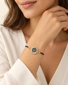 Black Cord Crystal Evil Eye Slider Bracelet – Gold Tone – model wearing view