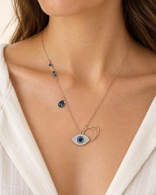 Blue Evil Eye & Teardrop Charm Necklace – Rose Gold Tone – model wearing view