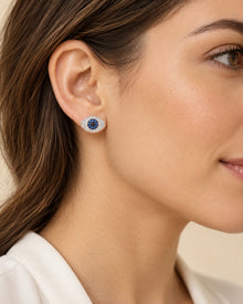 Blue Evil Eye Stud Earrings – Rose Gold Tone – model wearing view