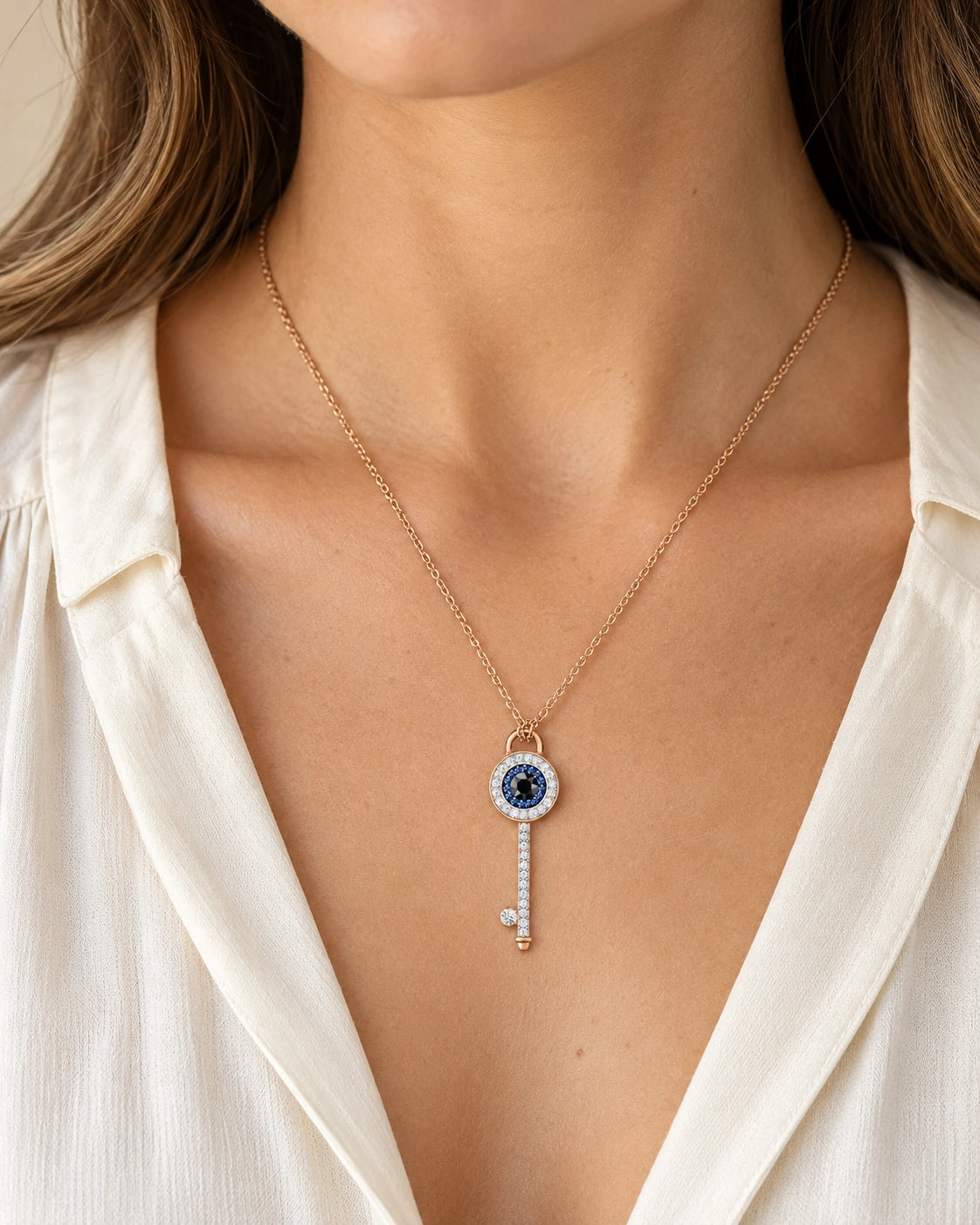 Blue Evil Eye Key Pendant Necklace – Rose Gold Tone – model wearing view