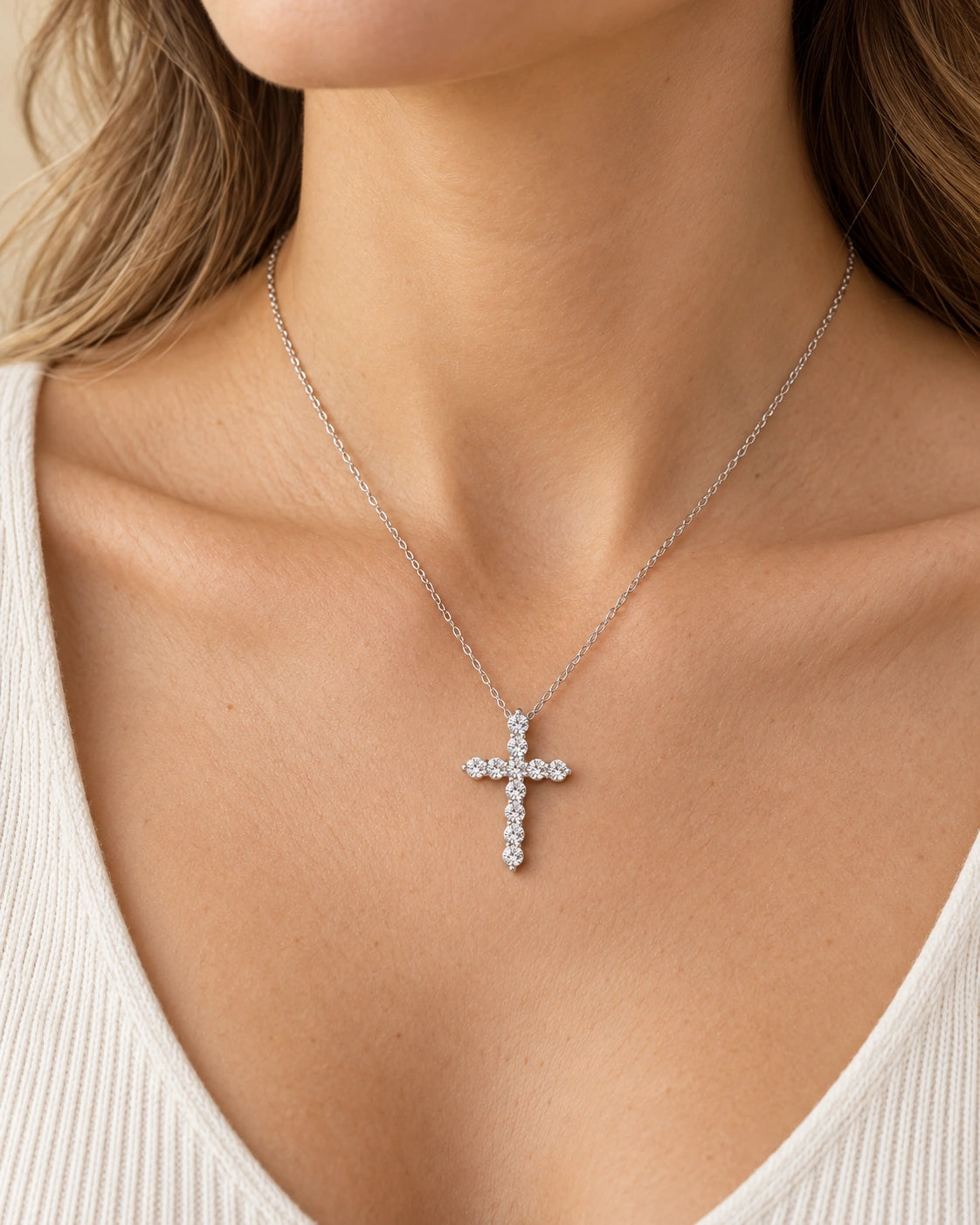 925 Sterling Silver Cross Pendant Necklace – model wearing view