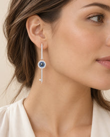 Asymmetric Evil Eye Key Drop Earrings – Rose Gold Tone – model wearing view