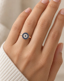 Round Blue Crystal Halo Ring – Rose Gold Tone – model wearing view