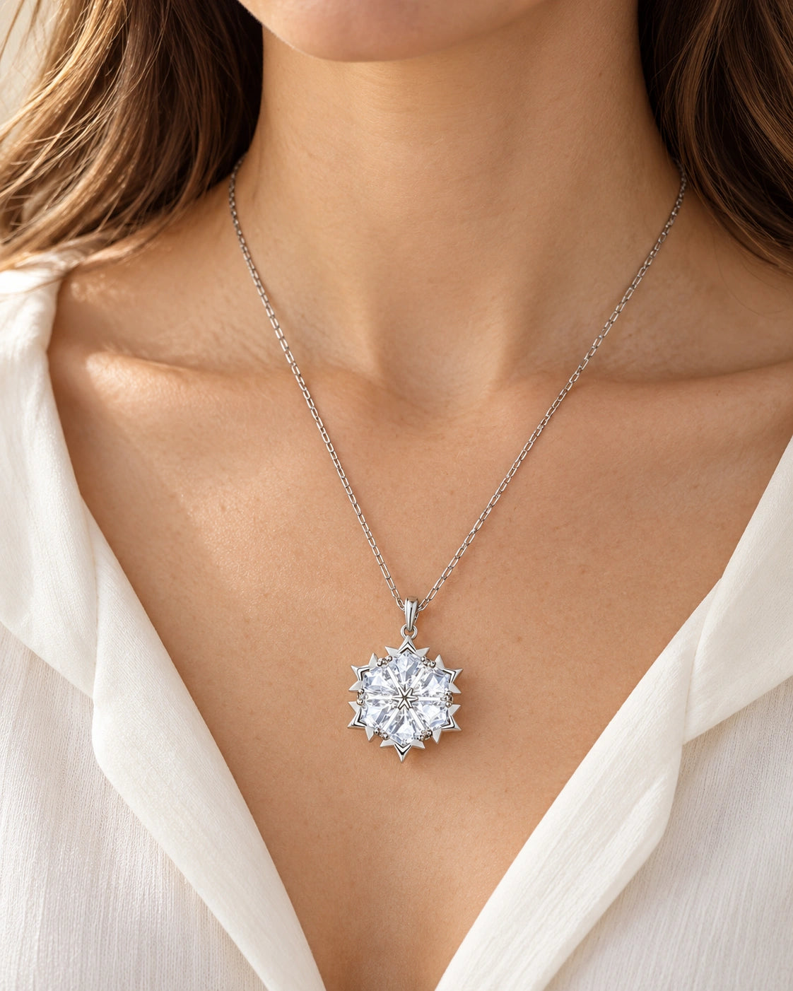Crystal Snowflake Pendant Necklace in Silver Tone – model wearing view