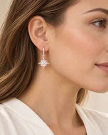 Crystal Star Hoop Drop Earrings in Rose Gold Tone – model wearing view