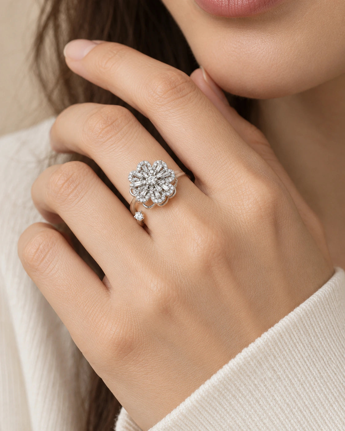 Pavé Flower Spinner Ring – model wearing view