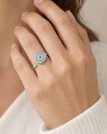 Blue Evil Eye Disc Spinner Ring – model wearing view
