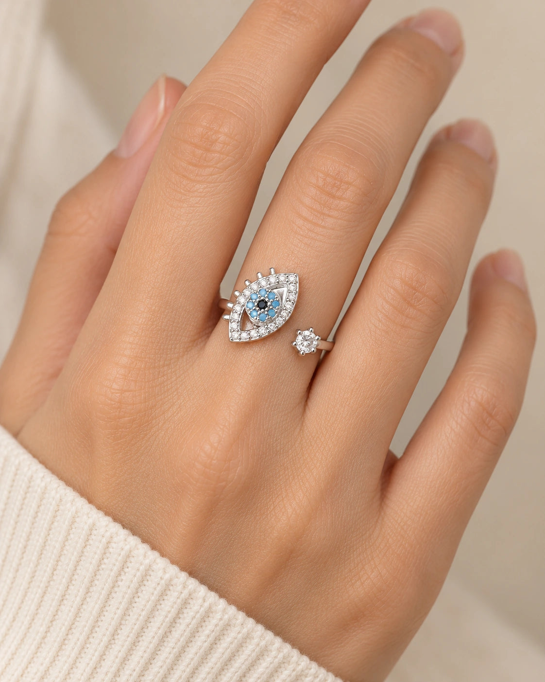 Openwork Evil Eye Spinner Ring with Pavé Accents – model wearing view
