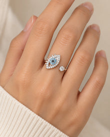 Openwork Evil Eye Spinner Ring with Pavé Accents – model wearing view