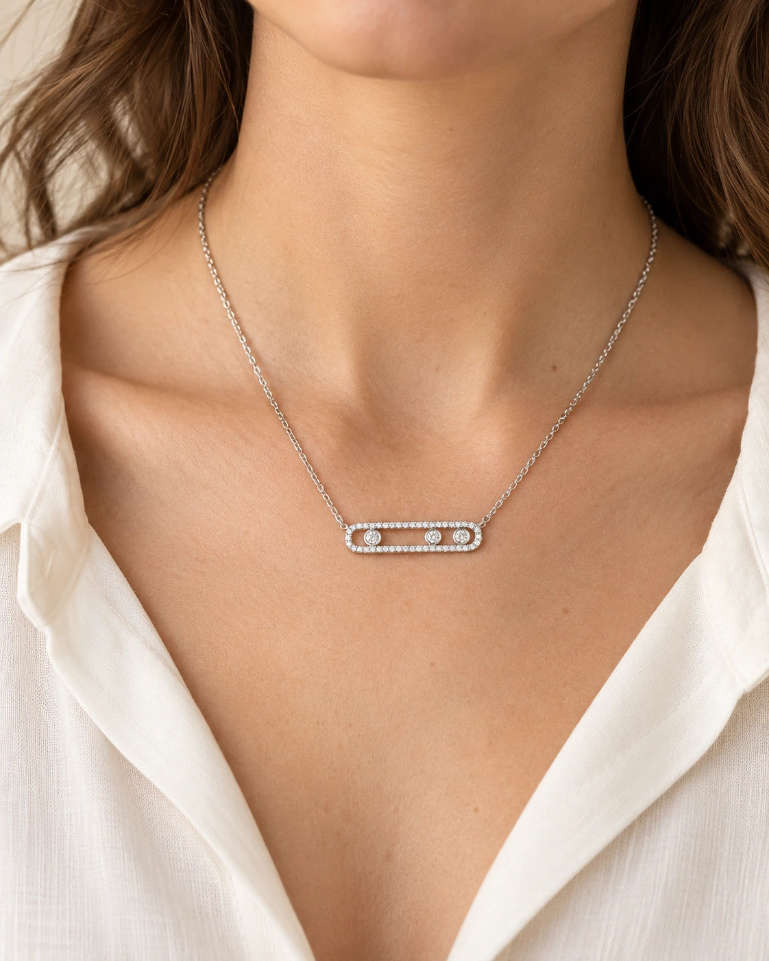 Three-Stone CZ Sliding Bar Necklace – model wearing view
