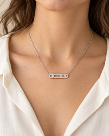Three-Stone CZ Sliding Bar Necklace – model wearing view