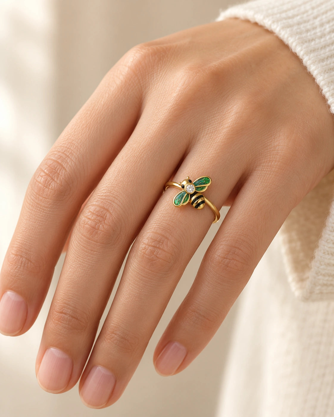 Bee-Motif Open Ring – model wearing view