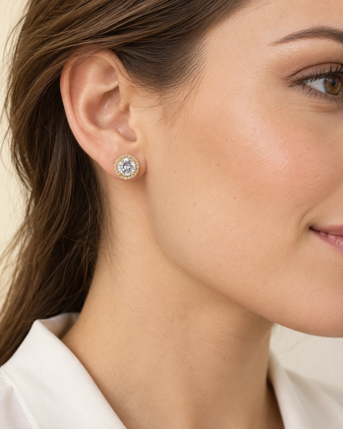 Round Stone Stud Earrings – model wearing view