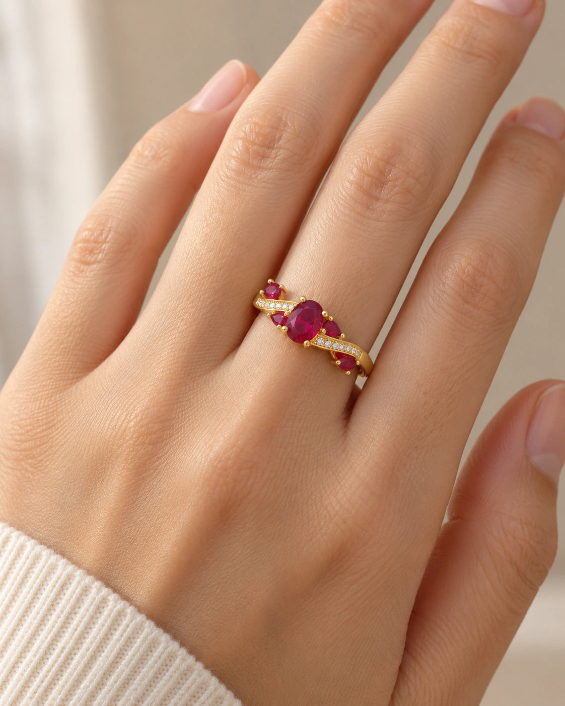 Red Stone Open Ring – model wearing view