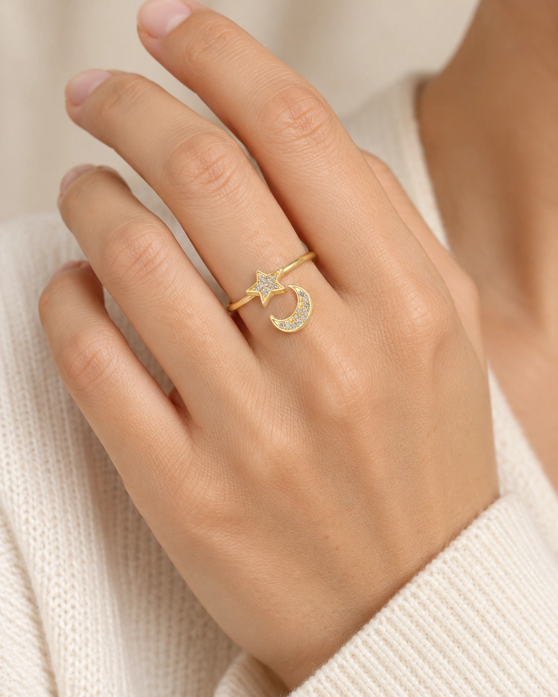 Star and Crescent Open Ring – model wearing view