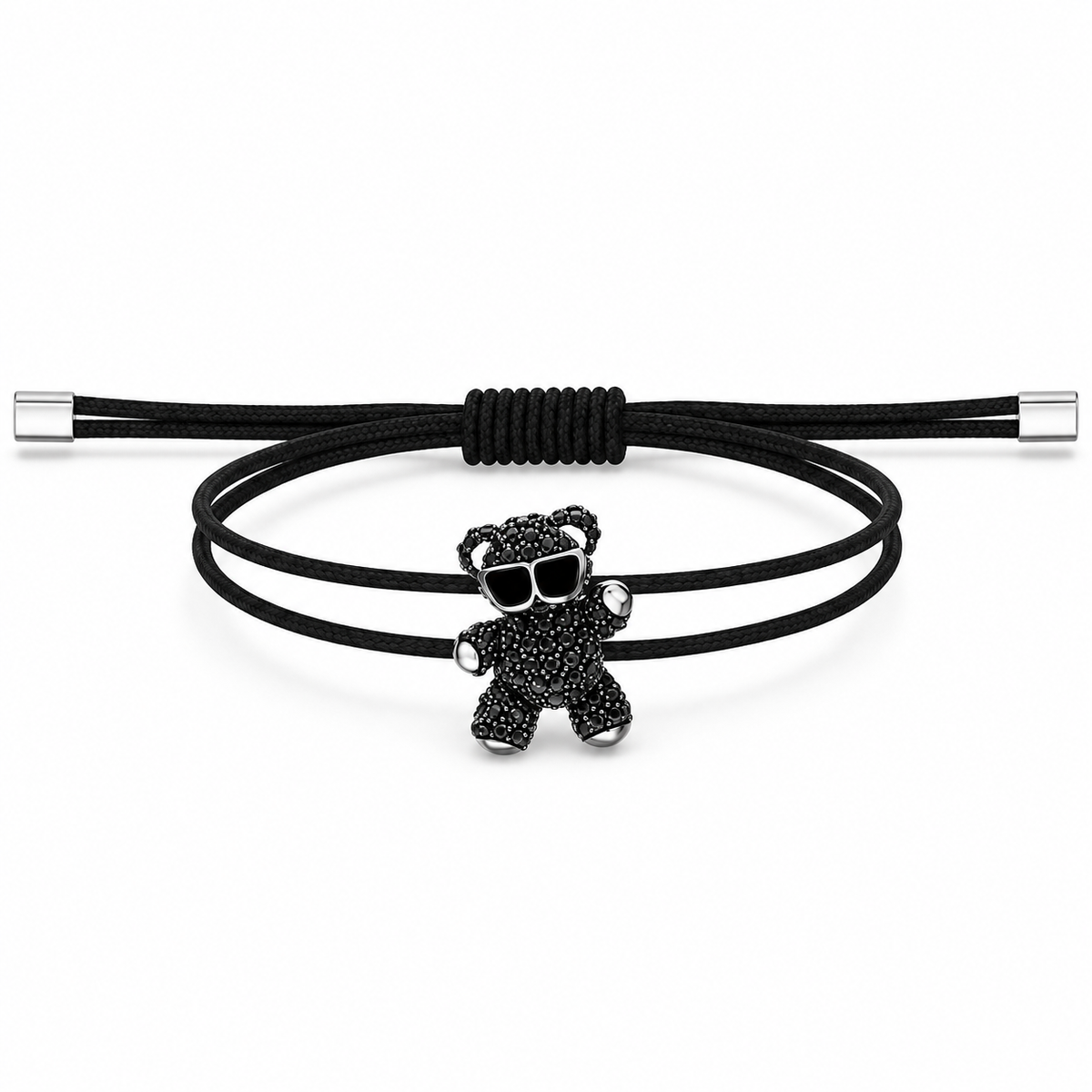 Black cord bracelet with black crystal teddy bear charm