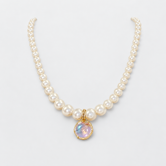 Graduated Pearl-Look Necklace with Iridescent Pendant | LuckCoo