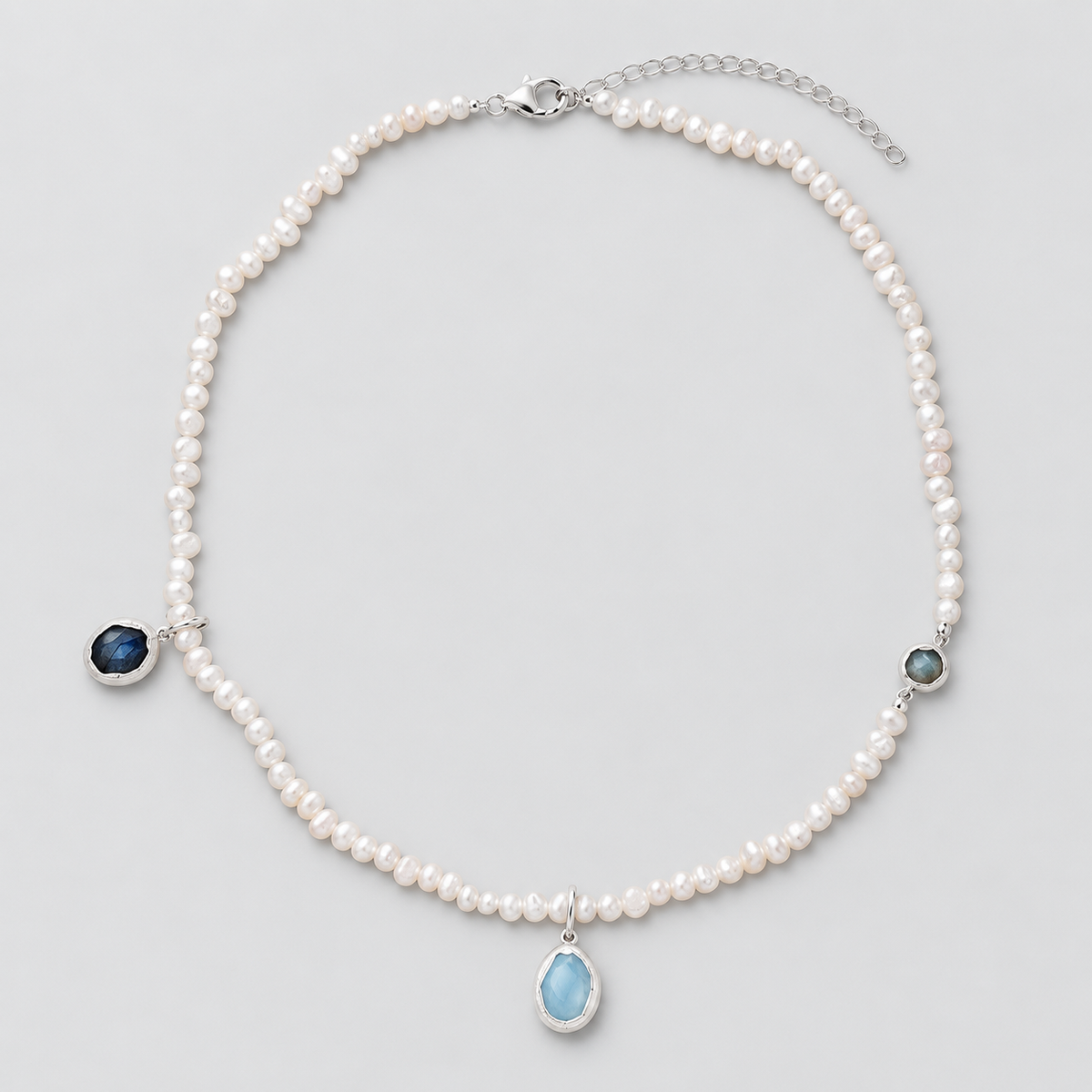 White Beaded Necklace with Blue Drop Charms | LuckCoo