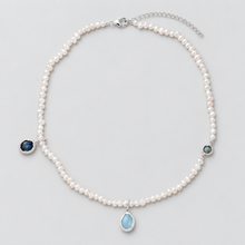 White Beaded Necklace with Blue Drop Charms | LuckCoo