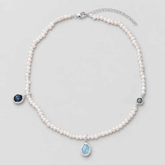 White Beaded Necklace with Blue Drop Charms | LuckCoo