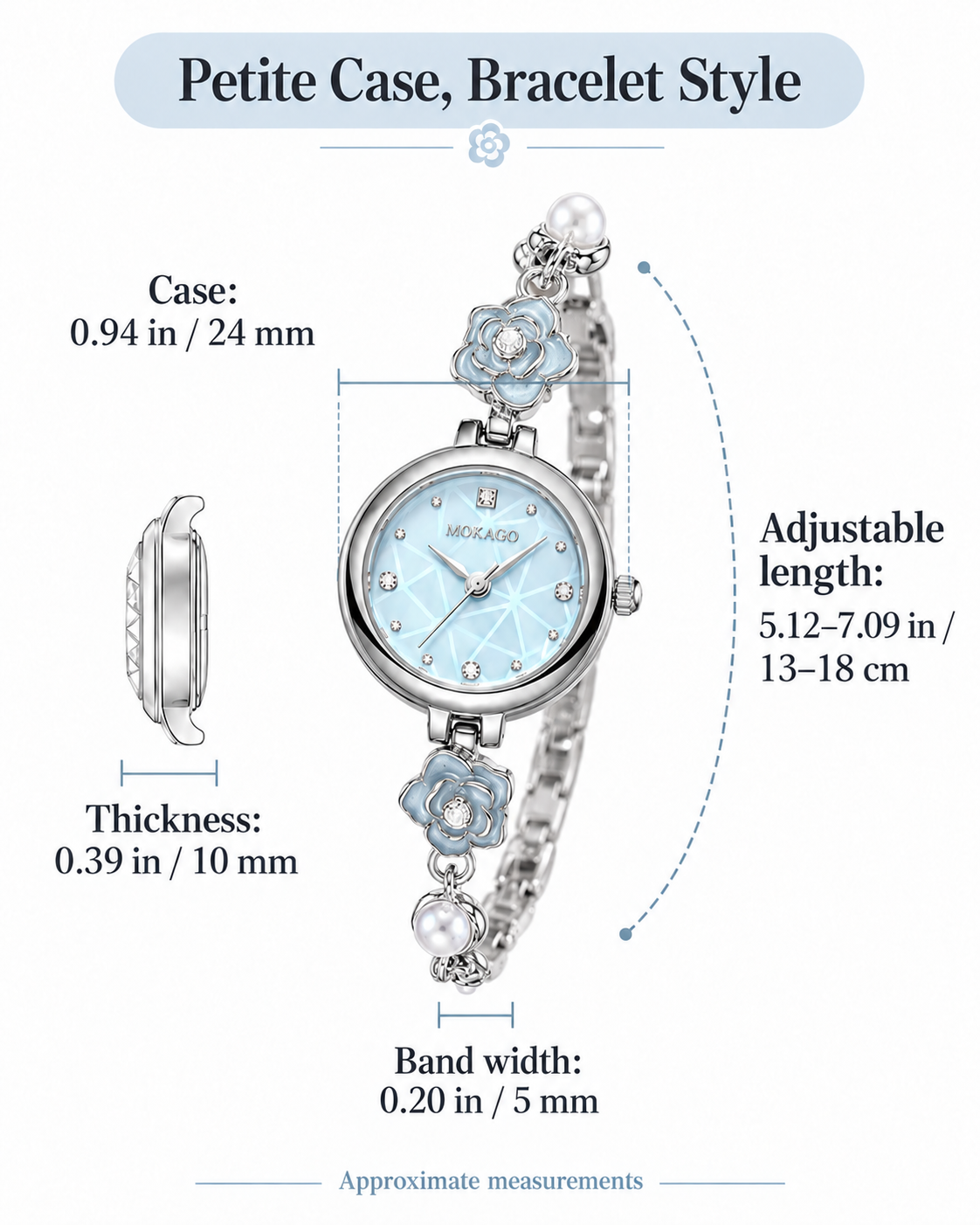 MOKAGO bracelet watch size guide showing case, thickness, band width and adjustable length in inches and metric units