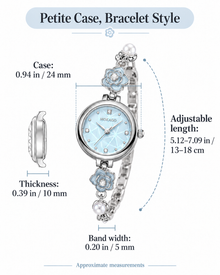 MOKAGO bracelet watch size guide showing case, thickness, band width and adjustable length in inches and metric units