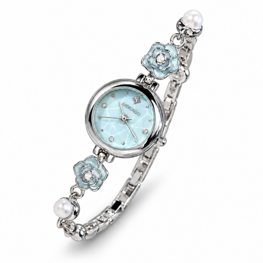 MOKAGO camellia flower and pearl-look bracelet watch with blue dial and silver-tone case