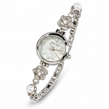 MOKAGO camellia flower and pearl-look bracelet watch with gray dial and silver-tone case