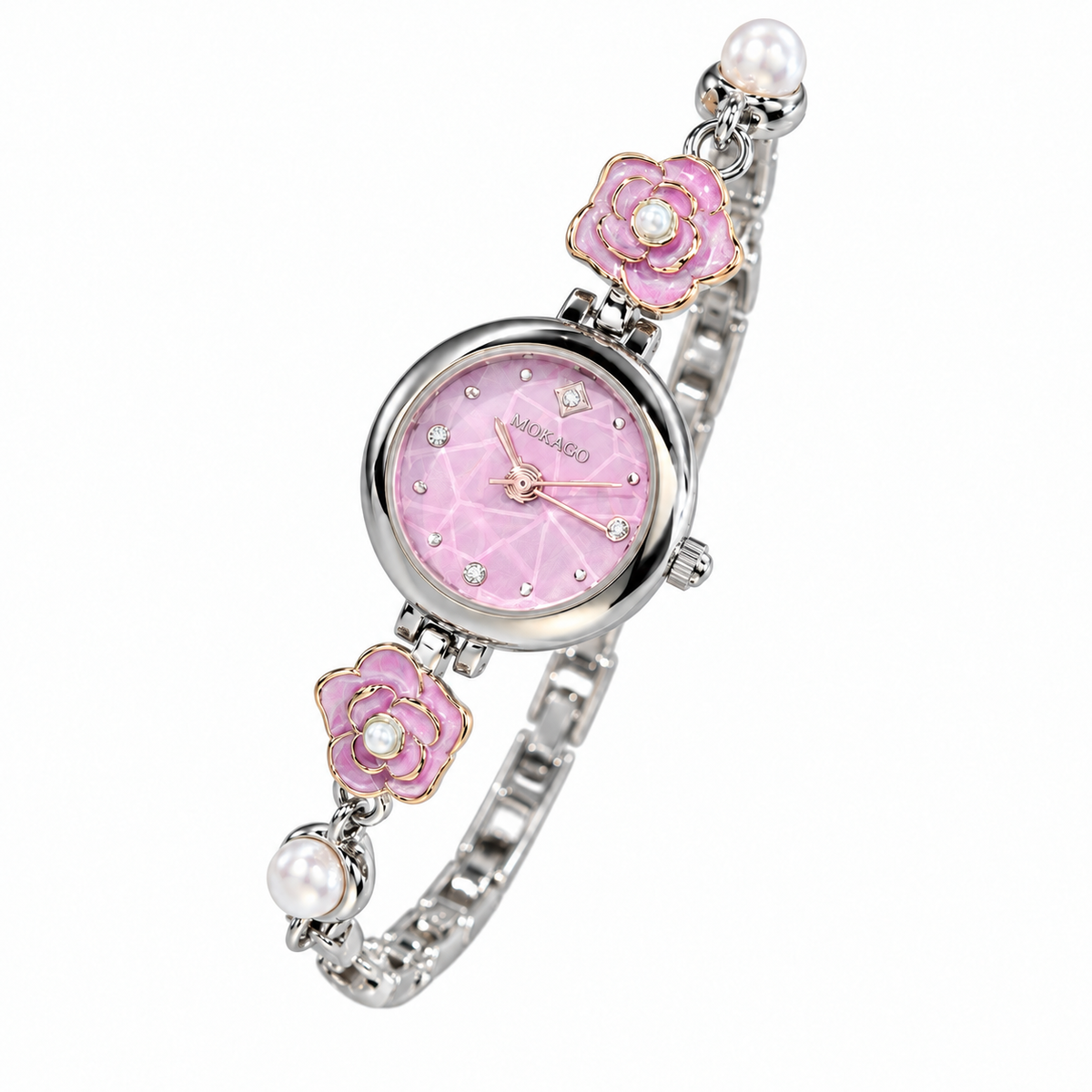 MOKAGO camellia flower and pearl-look bracelet watch with purple dial and silver-tone case