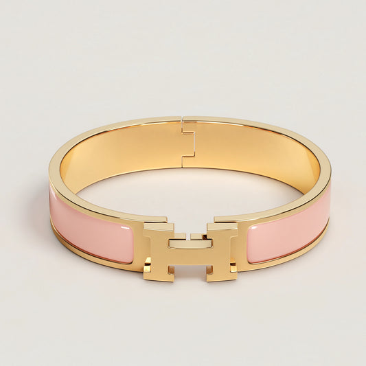 Signature H-Clasp Bangle – Minimalist & Secure Lock Bracelet, Everyday Luxury (Gold / Pink)