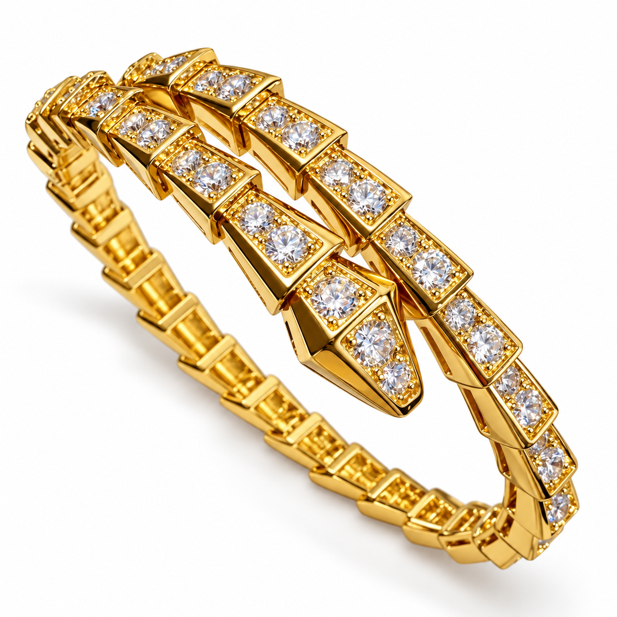 Serpent Aura yellow-gold-tone fully zircon-set snake wrap bangle on white background