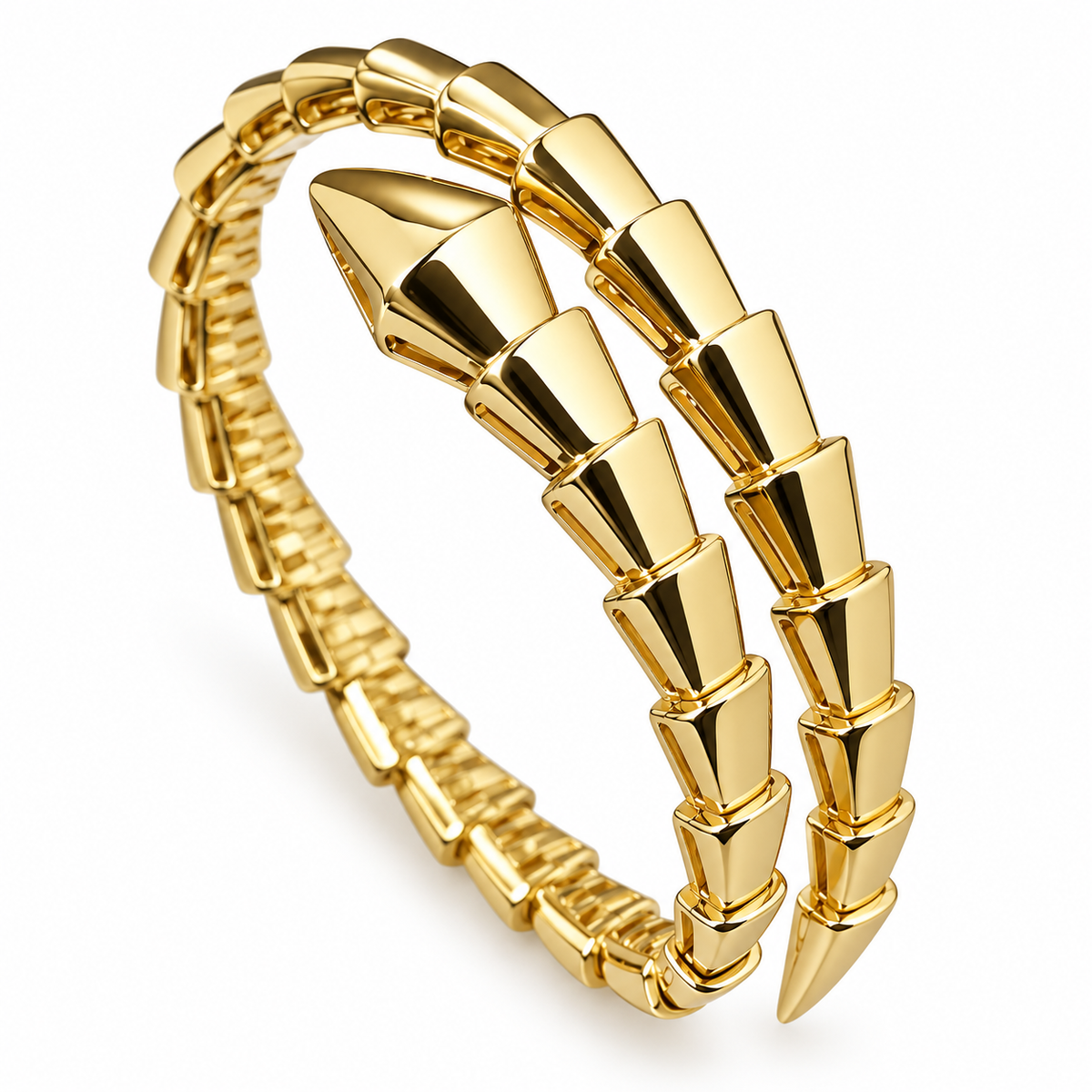 Serpent Aura yellow-gold-tone polished stone-free snake wrap bangle on white background
