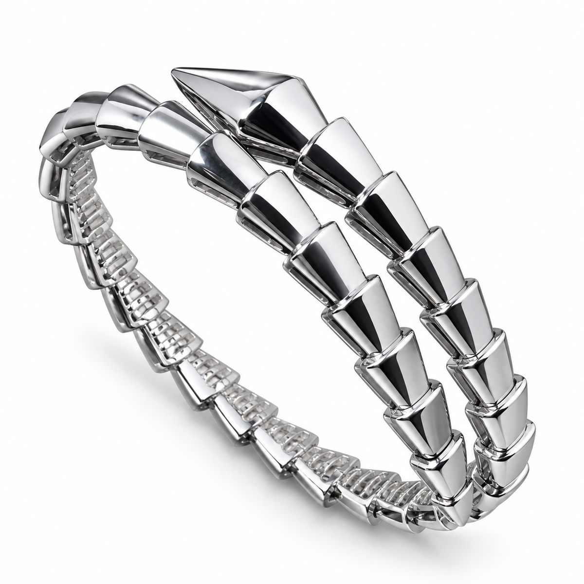 Serpent Aura silver-tone polished stone-free snake wrap bangle on white background